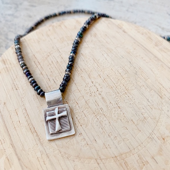 Silver and Peacock Color Seed Bead Cross Necklace - Picture 4 of 9